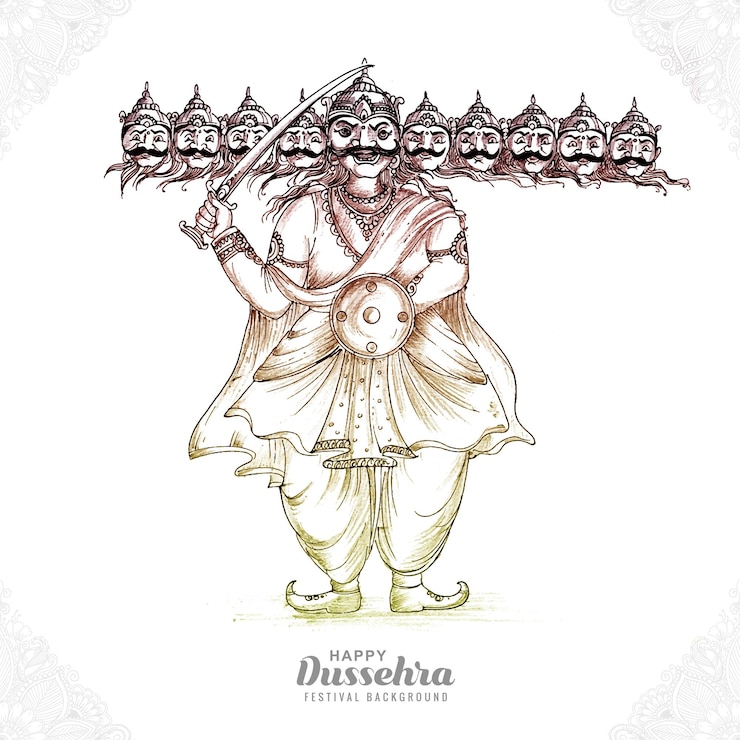 Vettore gratuito felice dussehra celebrazione ravan con disegno di schizzo di tiraggio della mano