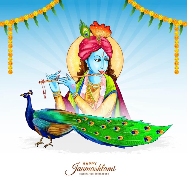 Felice Janmashtami con il signore Krishna che gioca a bansuri sullo sfondo