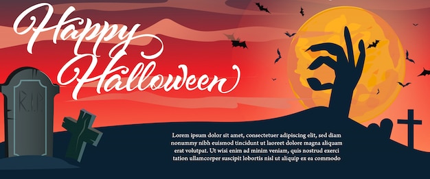 Felice lettering di Halloween con la mano di zombie e lapide