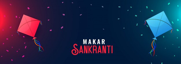 Felice makar sankranti banner con aquiloni volanti