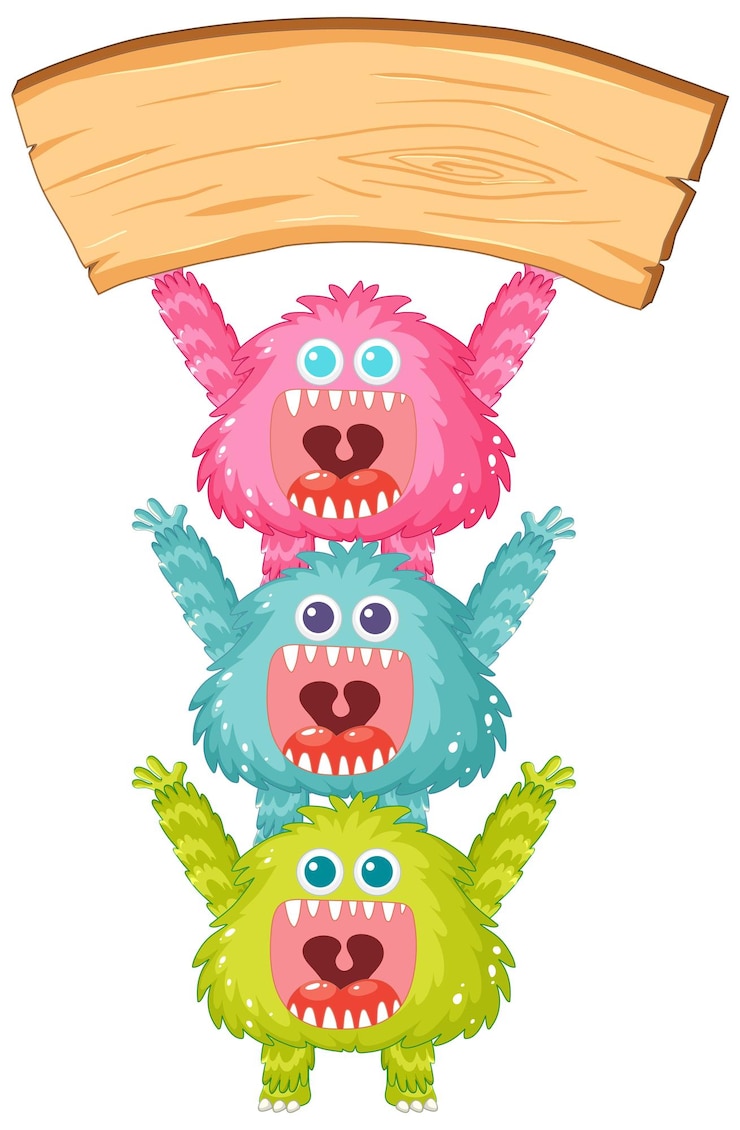 Vettore gratuito felice mostri alieni cartoon holding tavola di legno banner