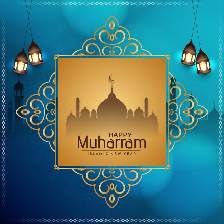 Vettore gratuito felice muharram sfondo blu con cornice dorata vettore