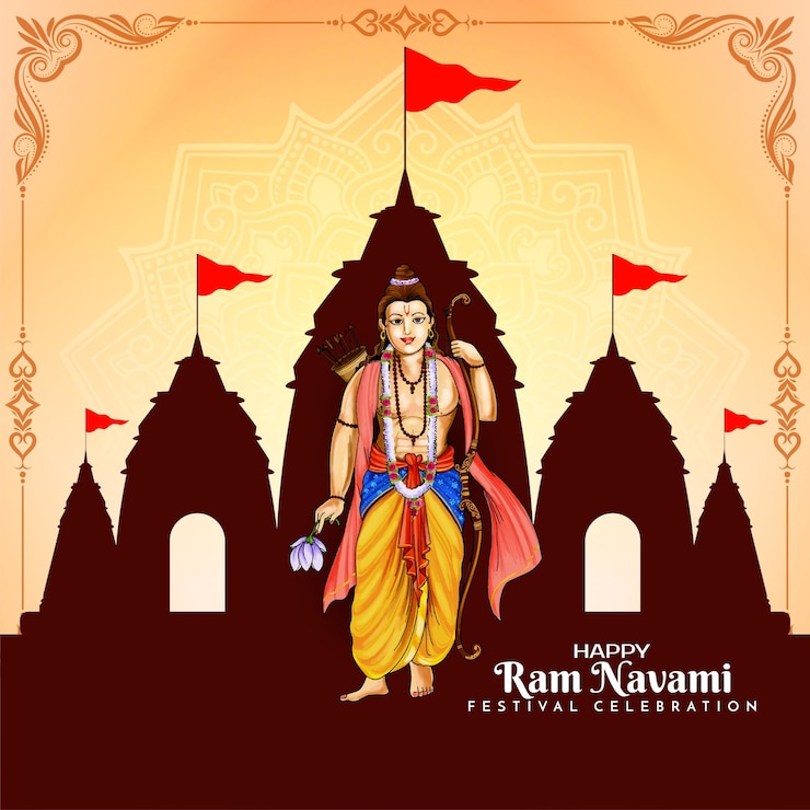 Vettore gratuito felice ram navami festival indiano sullo sfondo con il signore rama
