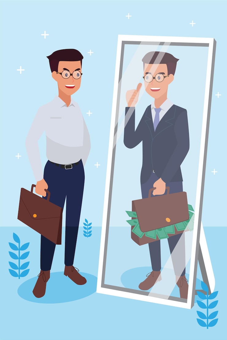Vettore gratuito felice uomo aziendale ha fatto il suo lavoro come visione e missione e celebrando, successo di leadership e concetto di progresso di carriera, illustrazione piatta