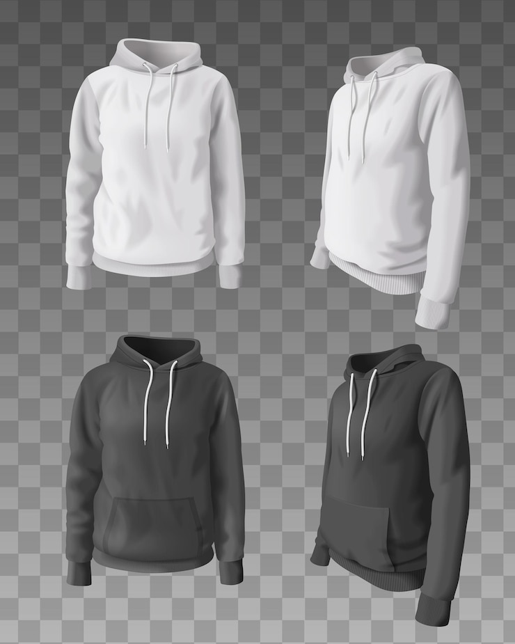 Vettore gratuito felpe con cappuccio realistiche e mockup di felpa con cappuccio in bianco e nero su sfondo trasparente illustrazione vettoriale isolata