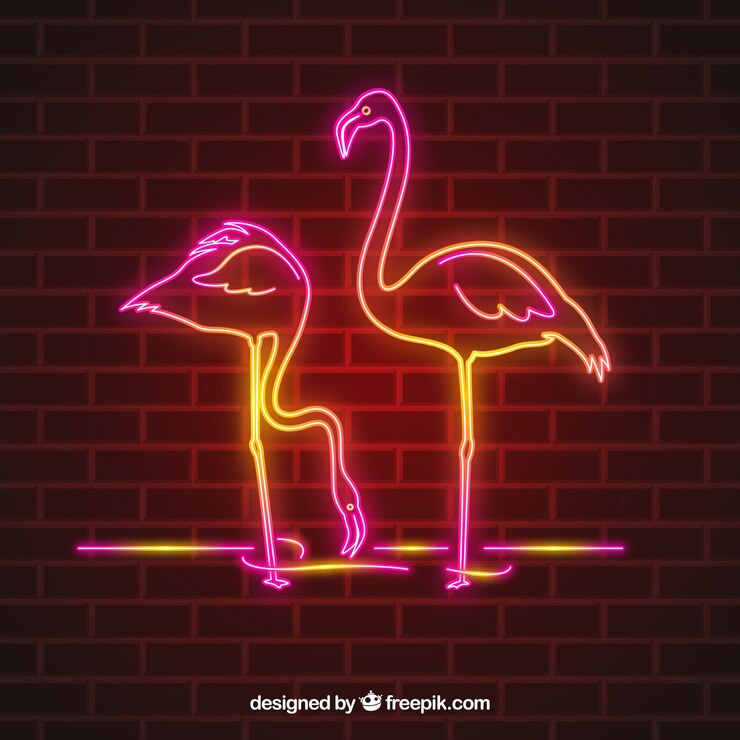 Vettore gratuito fenicotteri al neon con luce rosa