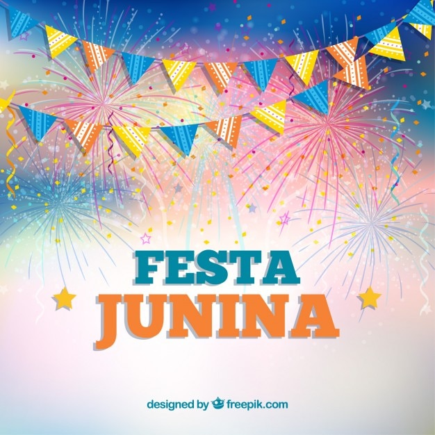 Vettore gratuito festa junina sfondo con ghirlande e fuochi d&#39;artificio
