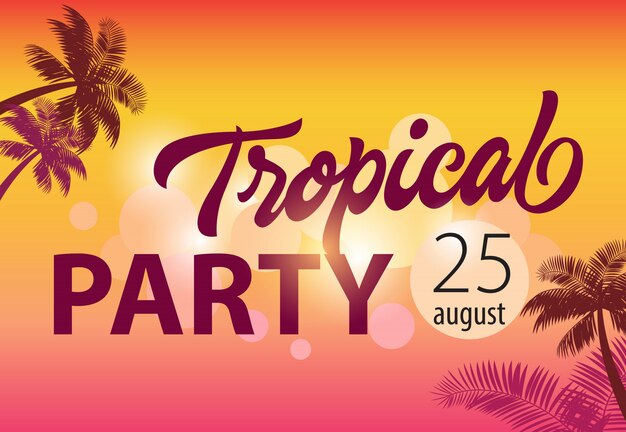 Festa tropicale, agosto venticinque volantino con sagome di palme e tramonto sullo sfondo.