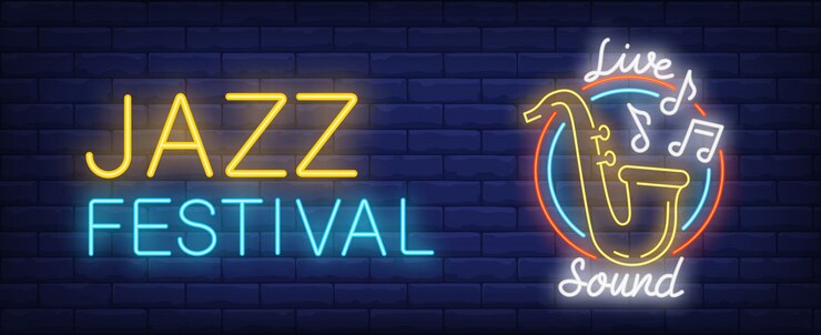 Vettore gratuito festival jazz con insegna al neon dal vivo. sassofono giallo con segni di melodia volanti