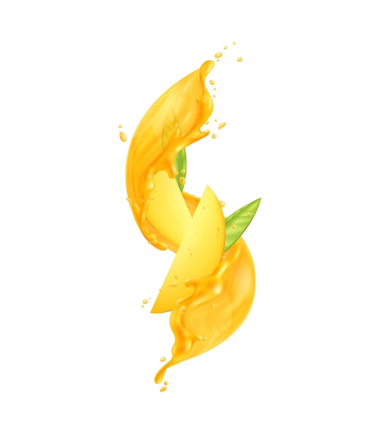 Fette di succo di mango e foglie su sfondo bianco illustrazione vettoriale realistica