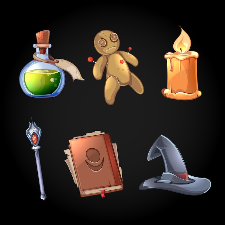 Vettore gratuito fiaba magica clipart impostato nello stile del fumetto. stregoneria e fantasia, veleno e bacchetta magica, strumento del mago