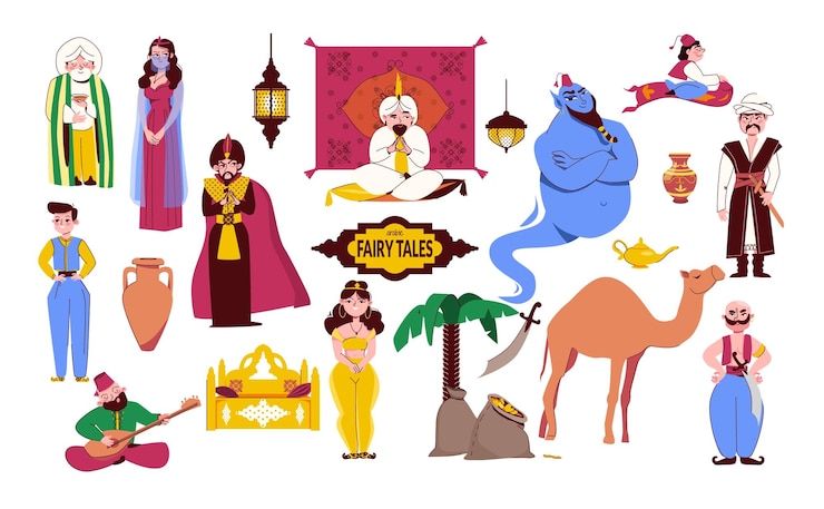 Vettore gratuito fiabe orientali set piatto di eroi delle fiabe in abiti etnici vecchio saggio beduino cammello genio lampada magica illustrazione vettoriale isolato