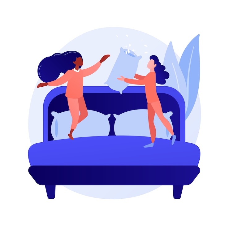Vettore gratuito fidanzate in pigiama alla festa di addio al nubilato, pernottamento, pigiama party, pigiama party. attività infantile. allegro ragazze adolescenti e cuscino. illustrazione della metafora del concetto isolato di vettore