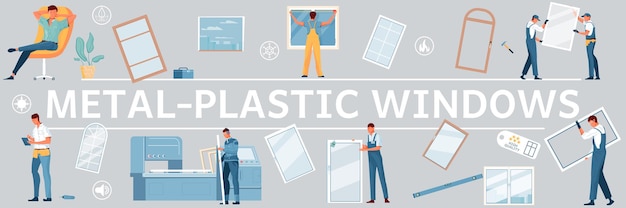 Figure piatte e isolate di finestre di plastica dell'illustrazione dei lavoratori