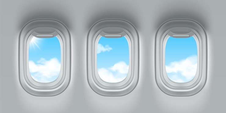 Vettore gratuito finestre dell'aereo con vista sul cielo blu