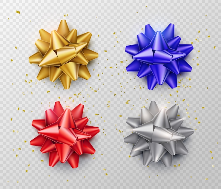Fiocco isolato. Set di nastri regalo in stile realistico colore rosso, blu, argento, oro. Vista dall'alto.