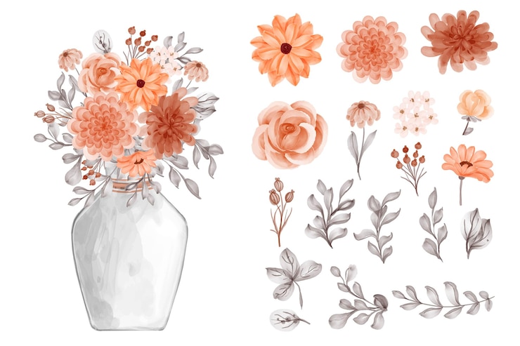 Vettore gratuito fiore d'arancio e foglie isolate clip art e vaso floreale