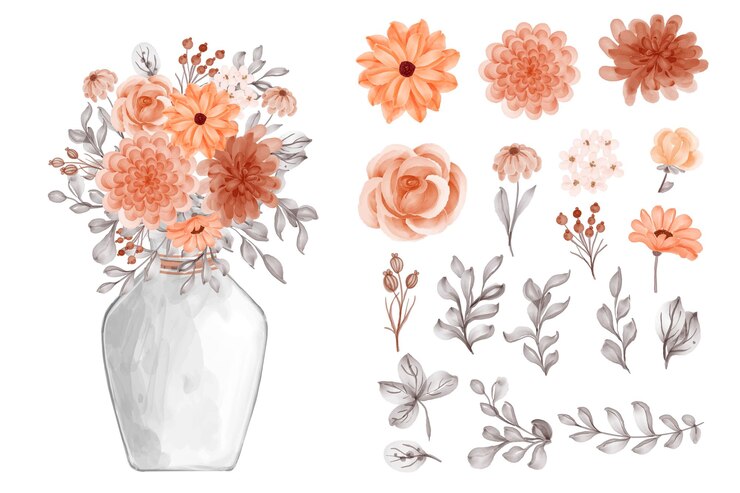 Vettore gratuito fiore d'arancio e foglie isolate clip art e vaso floreale