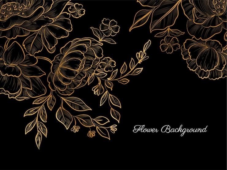 Vettore gratuito fiore disegnato a mano d'oro su sfondo nero