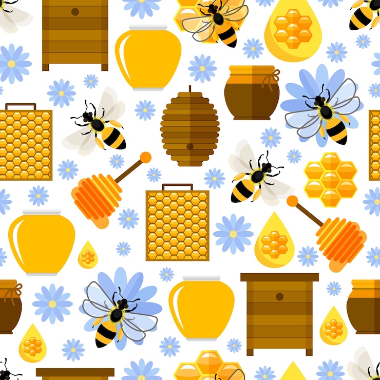 Vettore gratuito fiori, api e modello senza cuciture di miele