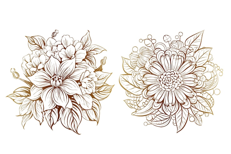 Vettore gratuito fiori d'oro disegnati a mano in stile contorno