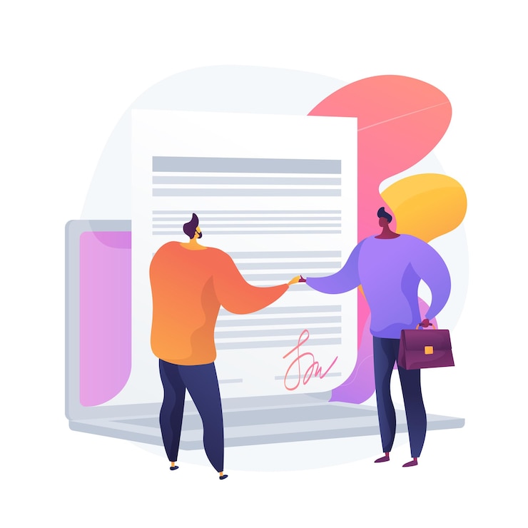 Vettore gratuito firma del contratto digitale. documento online, firma del contratto, affare computerizzato. uomo d'affari, partner che utilizzano la firma elettronica. illustrazione della metafora del concetto isolato di vettore