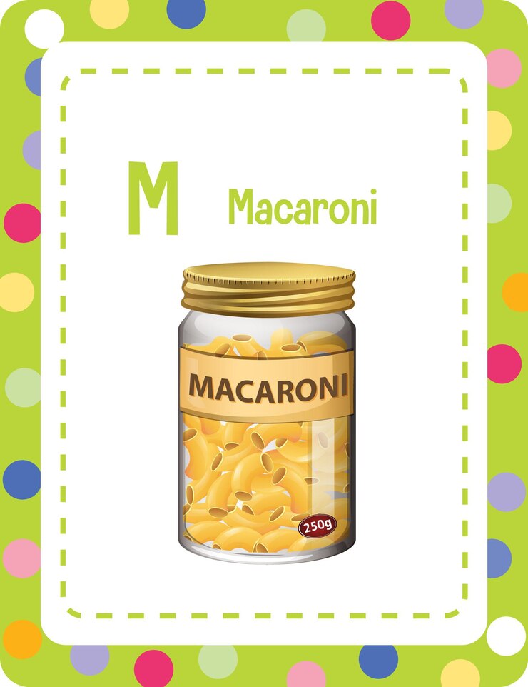 Vettore gratuito flashcard dell'alfabeto con la lettera m per maccheroni