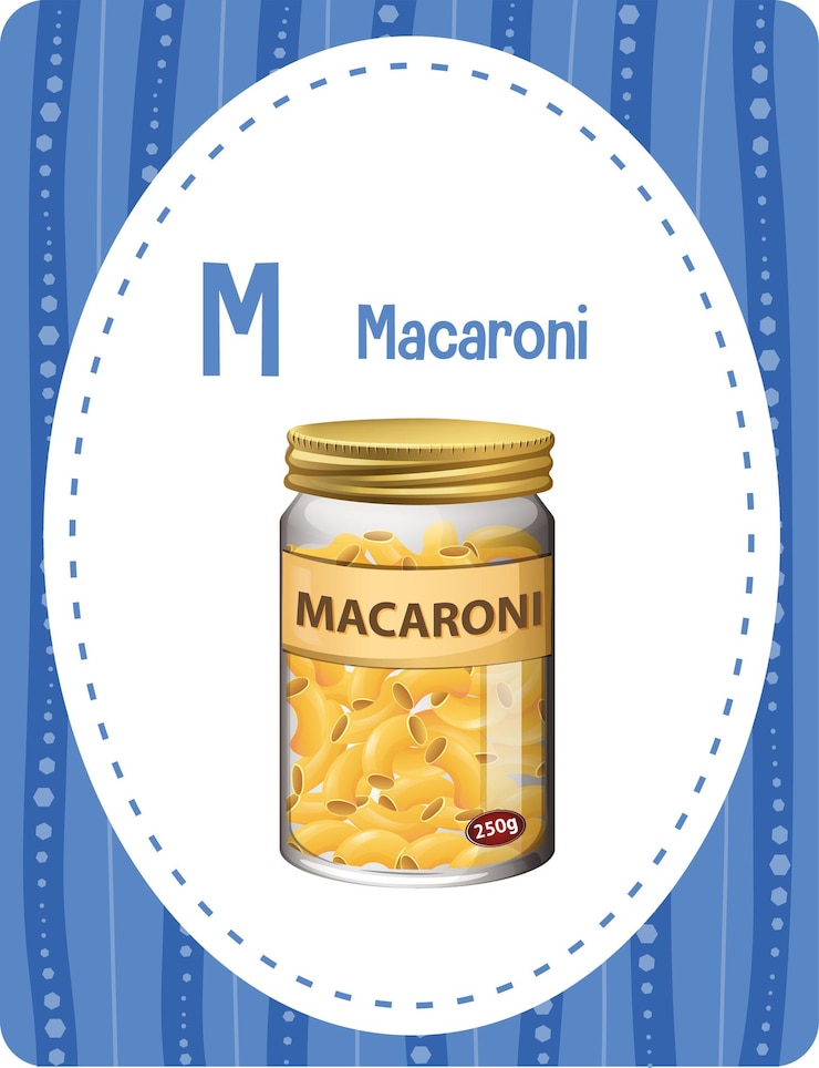 Vettore gratuito flashcard dell'alfabeto con la lettera m per maccheroni