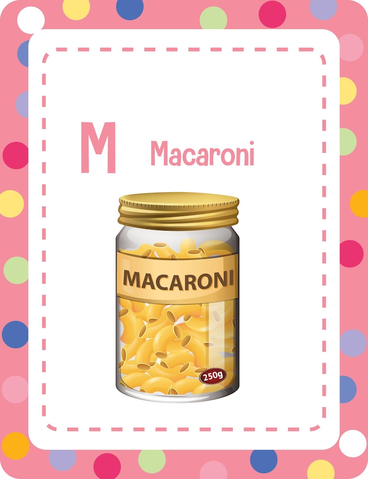Vettore gratuito flashcard dell'alfabeto con la lettera m per maccheroni