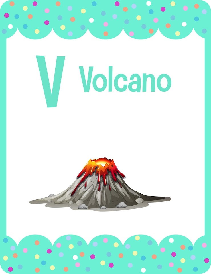 Vettore gratuito flashcard dell'alfabeto con la lettera v per vulcano