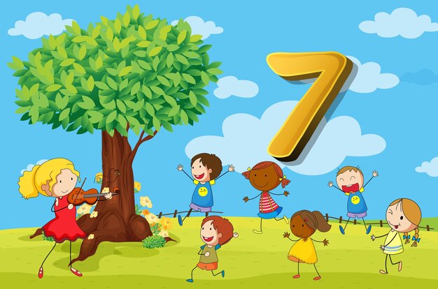 Flashcard numero 7 con sette bambini nel parco