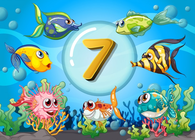 Flashcard numero sette con 7 pesci sott&#39;acqua