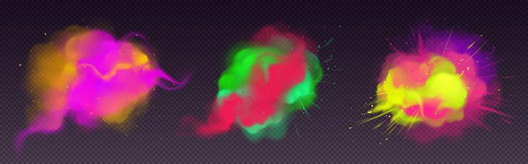 Vettore gratuito flusso di fumo colorato e insieme realistico di esplosione di polvere di vernice isolato.