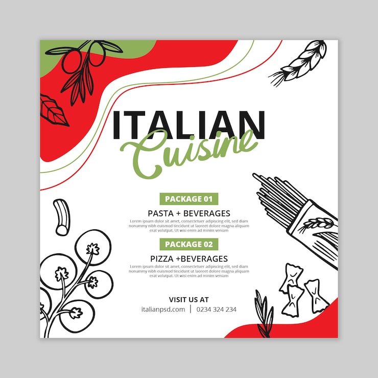 Vettore gratuito flyer di cibo italiano al quadrato