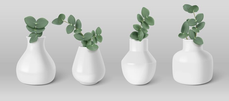 Vettore gratuito foglie di eucalipto verde in un vaso di ceramica bianca