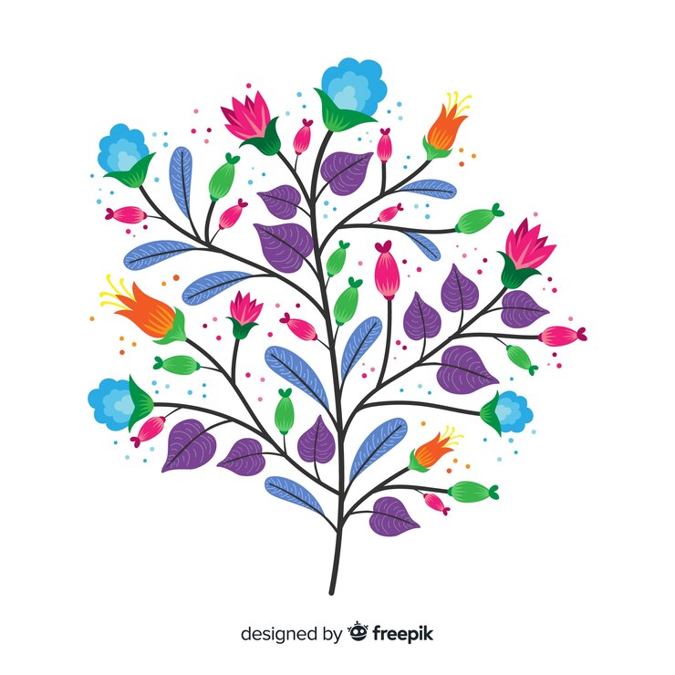 Vettore gratuito foglie viola e fiori primaverili in design piatto