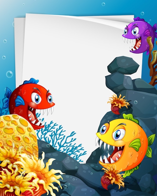 Foglio di carta bianco con personaggio dei cartoni animati di pesci esotici nella scena subacquea
