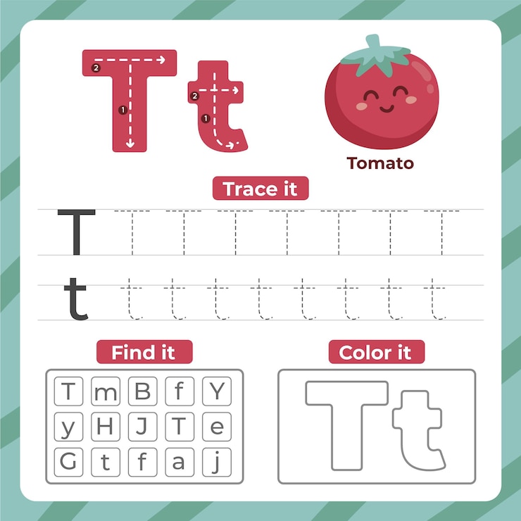Vettore gratuito foglio di lavoro della lettera t con il pomodoro