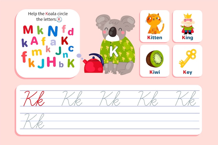 Vettore gratuito foglio di lavoro lettera k con koala
