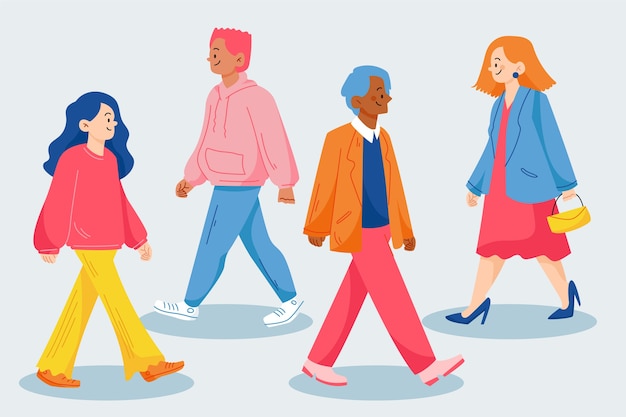 Folla disegnata a mano di design piatto di persone che camminano illustrazione