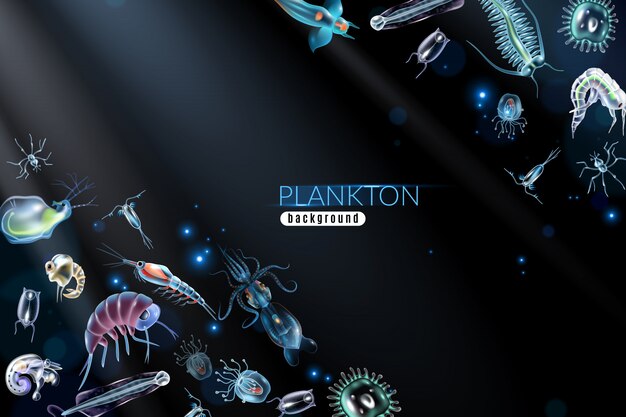 Fondo astratto del plancton con l'illustrazione differente del fumetto sia del fitoplancton che dello zooplancton del piccolo organismo marino