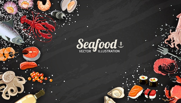 Fondo dei frutti di mare con l&#39;illustrazione della squisitezza dei sushi e dei gamberetti dei pesci
