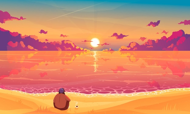 Fondo del cielo di tramonto con l'illustrazione piana di vettore della spiaggia e del mare