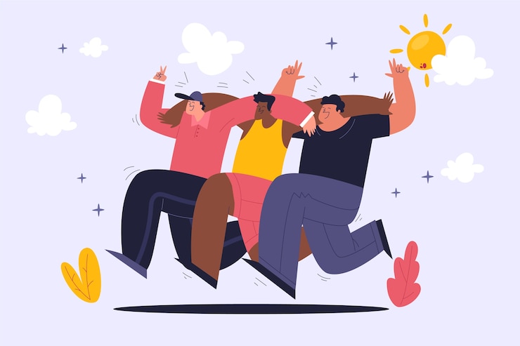 Vettore gratuito fondo del giorno dell'amicizia disegnato a mano con gli amici che corrono all'aperto