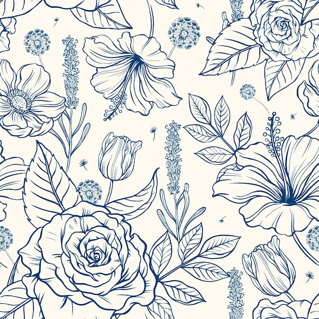 Fondo del modello della rosa dell'annata, vettore dell'illustrazione botanica blu
