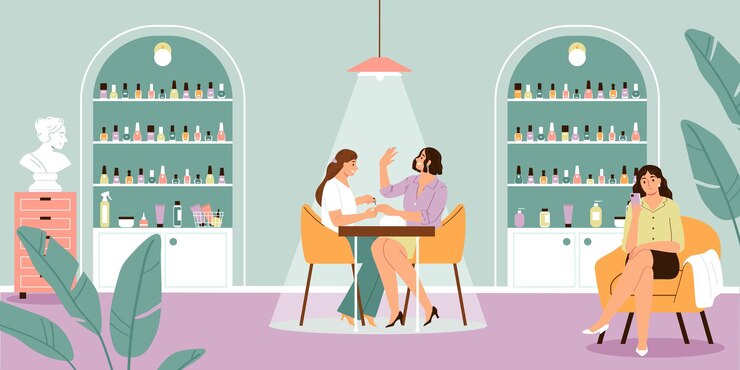 Vettore gratuito fondo del salone di bellezza con l'illustrazione piana di vettore di simboli di manicure e polacco