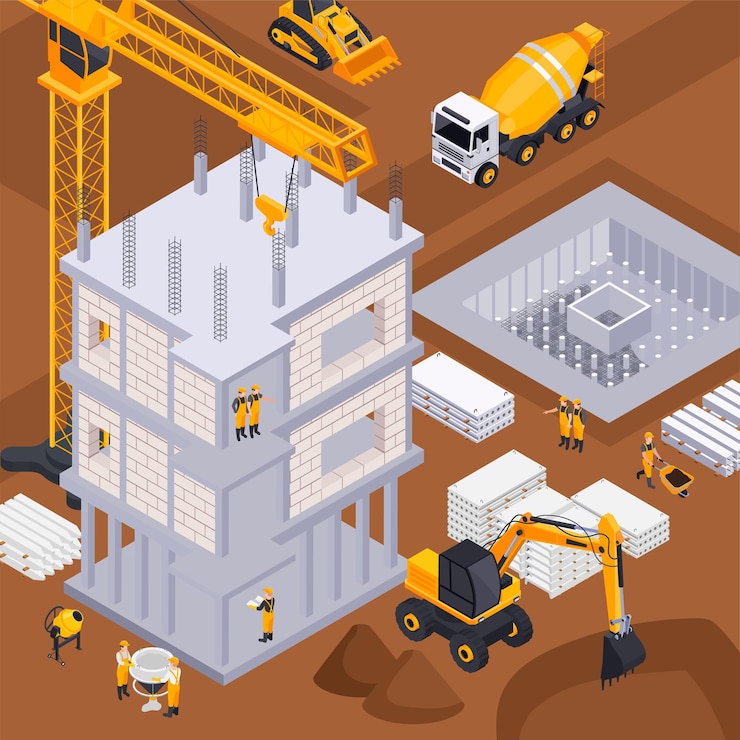 Vettore gratuito fondo della costruzione con l'illustrazione isometrica di simboli dell'attrezzatura e delle macchine da costruzione