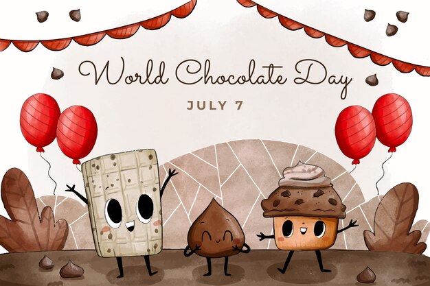 Fondo della giornata mondiale del cioccolato dell'acquerello con dolci al cioccolato