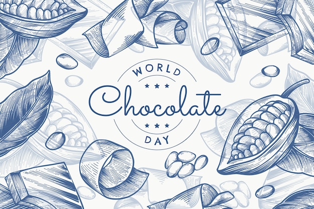 Fondo della giornata mondiale del cioccolato disegnato a mano con cioccolato e fava di cacao