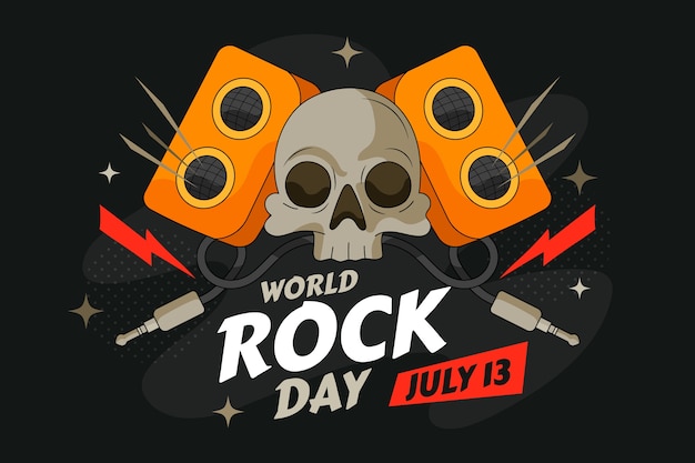 Fondo della giornata mondiale del rock disegnato a mano con teschio e altoparlanti